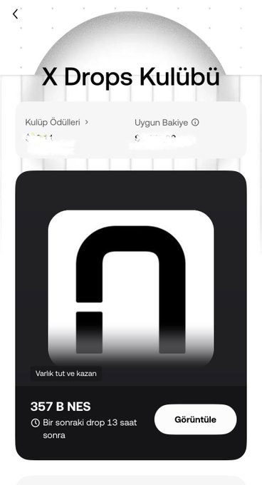 A promotional screen from the OKX X Drops Club shows a pending 357 B NES airdrop, with the "Görüntüle" (View) button displayed alongside the message "Bir sonraki drop 13 saat sonra" (Next drop in 13 hours). The image aligns with the post by highlighting the platform's click-to-earn airdrop feature, requiring no lockups, and teasing the upcoming privacy-focused AI chain token drop.