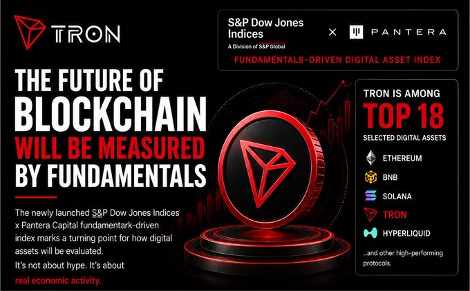 A promotional graphic for TRON blockchain featuring the text 'THE FUTURE OF BLOCKCHAIN WILL BE MEASURED BY FUNDAMENTALS', alongside 'S&P Dow Jones Indices x PANTERA' and a list naming TRON among the 'TOP 18 SELECTED DIGITAL ASSETS' including Ethereum, BNB, Solana, and Hyperliquid.