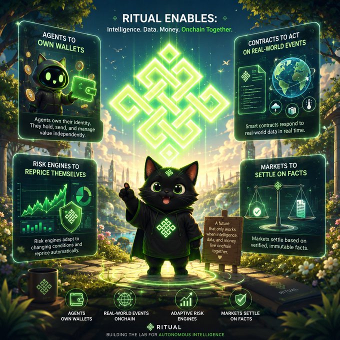 An infographic for RITUAL titled 'RITUAL ENABLES: Intelligence. Data. Money. Onchain Together', showcasing a cat mascot in a hoodie surrounded by four feature panels about agents, real-world events, risk engines, and markets.