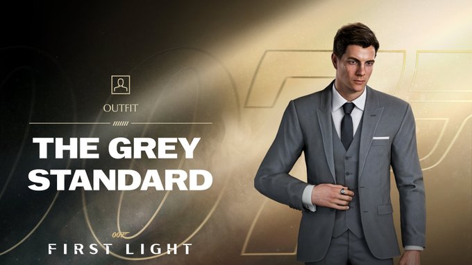 A sharply dressed man in a grey three-piece suit poses confidently, showcasing "The Grey Standard" outfit from "007 First Light," an in-game cosmetic available through IO Interactive (IOI) account registration, perfectly embodying the timeless 007-classie gentleman's aesthetic referenced in the promotional caption.