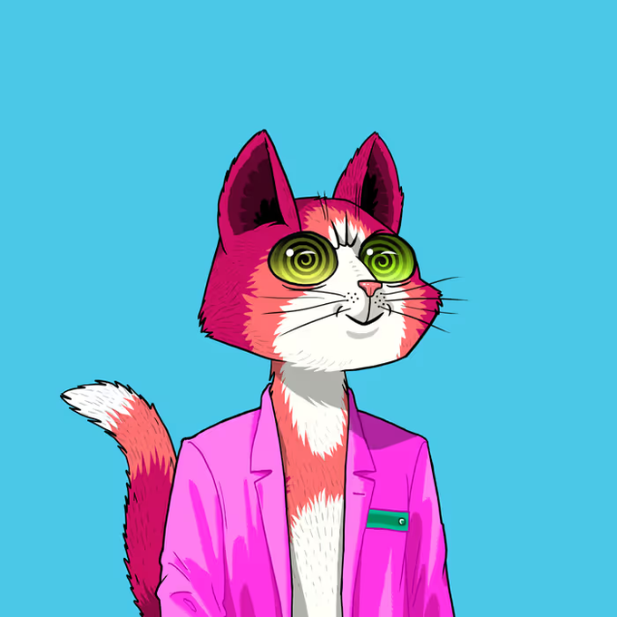 The image shows an anthropomorphic calico cat with large green eyes wearing a pink blazer against a teal background. Its calm, composed demeanor and confident posture visually reinforce the post's reassurance that "the cat is safu."