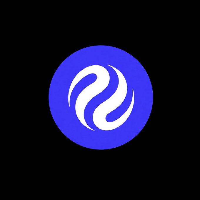 A circular blue logo with a stylized white swirl or flame design in the center is displayed on a black background.