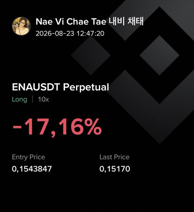 A trading position screen from 'Nae Vi Chae Tae 내비 채태' showing an ENAUSDT Perpetual Long position with 10x leverage at -17.16%, with entry price 0.1543847 and last price 0.15170.