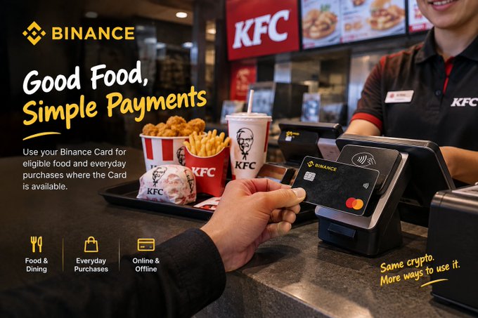 A Binance Card promotional ad showing a contactless payment at a KFC counter, with text "Good Food, Simple Payments" and usage categories "Food & Dining", "Everyday Purchases", "Online & Offline" plus the tagline "Same crypto. More ways to use it."