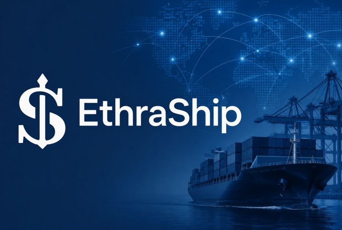 A blue-themed promotional image for 'EthraShip' showing a cargo ship and shipping cranes beneath a digital world map with glowing connection lines.