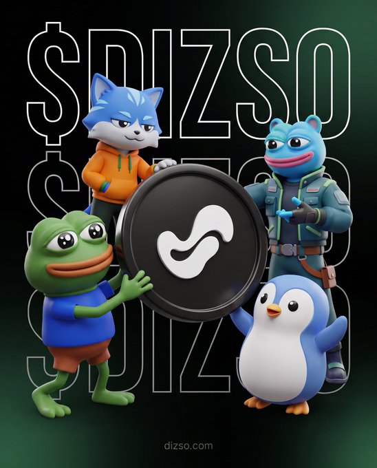 A 3D rendered image featuring four cartoon characters (a cat in a hoodie, a frog, a blue alien-like figure, and a penguin) holding a large coin with a stylized white 'S' logo, set against a dark background with '$DIZSO' written in large outlined letters.