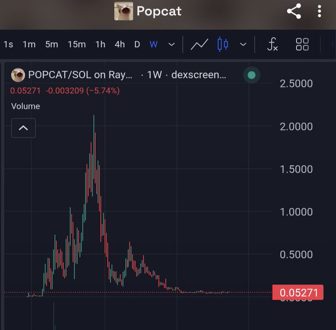 A DexScreener chart showing POPCAT/SOL on Raydium at 0.05271 (-5.74%) over a 1-week timeframe, displaying a price spike followed by a significant decline.