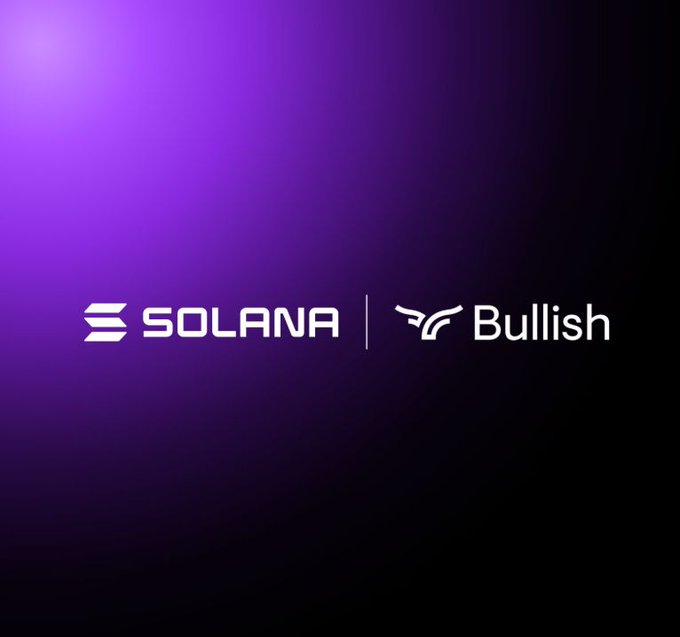 The Solana and Bullish logos are displayed side-by-side on a purple gradient background, announcing Bullish's launch of tokenized stock trading on the Solana blockchain with around-the-clock markets.