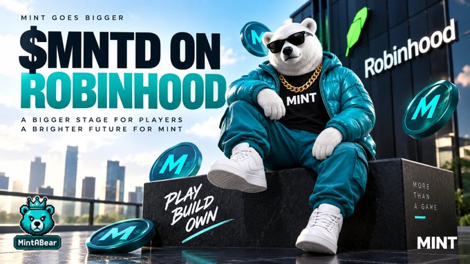 A promotional advertisement reading '$MNTD ON ROBINHOOD' featuring a 3D-rendered white bear wearing sunglasses and a teal tracksuit, with the MintABear logo and the tagline 'PLAY BUILD OWN'.
