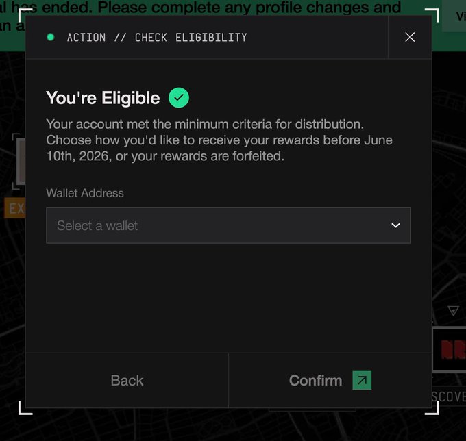 The image shows a screen with a form asking for information about Eligibility for MegaETH Terminal Rewards. The prompt asks users to check their eligibility, which requires them to meet certain criteria such as participation in an activity or meeting specific conditions. The screen also displays a message encouraging users to set their wallet to receive rewards by June 10th if they are registered for the rewards program.