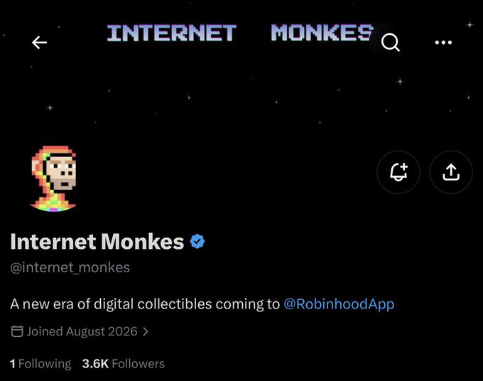 A screenshot of the verified "Internet Monkes" (@internet_monkes) Twitter/X profile, featuring a pixel-art avatar of a character resembling the iconic CryptoPunks style, with a bio announcing "A new era of digital collectibles coming to @RobinhoodApp" and noting the account joined August 2026 and has 3.6K followers.

The image showcases the official Internet Monkes social media presence, aligning with the post's description of the 5,000-supply 24×24 pixel collection built around nostalgia for early internet culture and CryptoPunks-style art, and highlighting its upcoming availability on Robinhood.