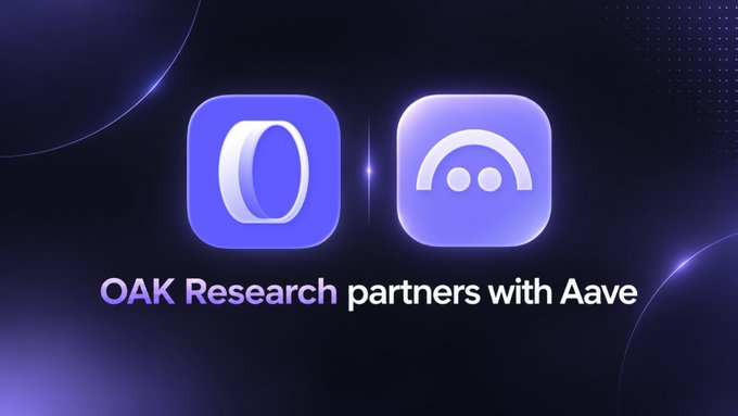 The image features two purple app icons side by side on a dark purple background, with the text "OAK Research partners with Aave" displayed below. The post announces a partnership between OAK Research and Aave, with the Aave icon on the right (recognizable by its curved design resembling a market or arc) representing the lending protocol, while the left icon represents OAK Research.