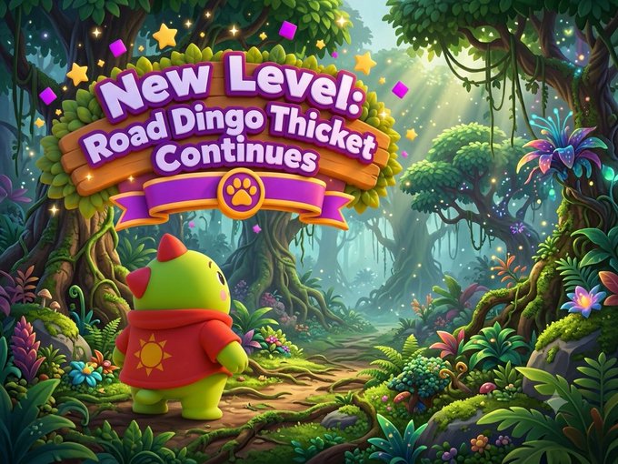 A colorful game-style illustration announcing "New Level: Road Dingo Thicket Continues," featuring a small green creature in a red hooded jacket standing on a path in a magical forest.