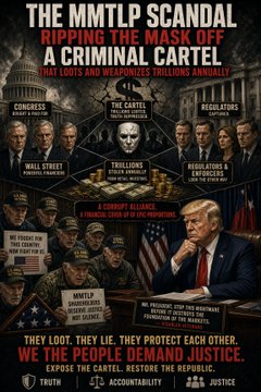 A political conspiracy graphic titled 'THE MMTLP SCANDAL - RIPPING THE MASK OF A CRIMINAL CARTEL' showing figures, skulls, money symbols, and text including 'WALL STREET', 'CONGRESS', 'TRILLIONS', and 'WE THE PEOPLE DEMAND JUSTICE'.