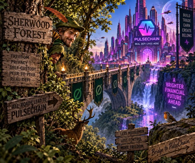 A fantastical illustration shows a man in a Robin Hood-style hat standing by a sign reading "SHERWOOD FOREST" and "ALL ROADS LEAD TO PULSECHAIN", looking toward a futuristic city labeled "PULSECHAIN" and "A BRIGHTER FINANCIAL FUTURE AHEAD".