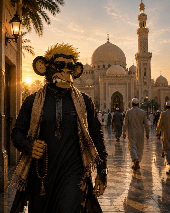 A golden-maned monkey wearing a keffiyeh, sunglasses, and prayer beads stands confidently in front of a grand mosque at sunset, while others walk toward the sacred site. The image symbolizes building a strong, forward-looking future—mirroring the post's message about staying alert and active mid-day with @quipnetwork as the quantum future draws nearer.