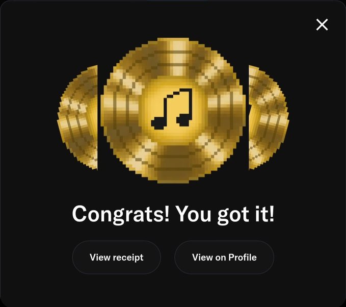 A digital congratulatory message displaying pixelated golden speaker icons with a music note, saying 'Congrats! You got it!' with buttons to 'View receipt' and 'View on Profile'.