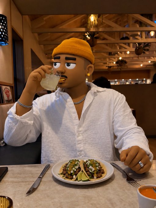 An AI-edited image of a cartoon-like male character wearing a yellow beanie and white shirt drinking from a glass, seated at a restaurant table with a plate of tacos.
