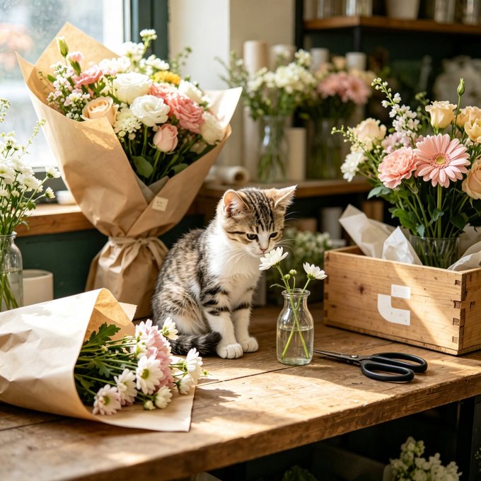 A tabby kitten sits on a wooden table surrounded by bouquets of flowers, scissors, and a small vase with white blossoms in what appears to be a florist's shop.