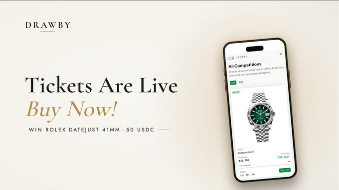 An advertisement for 'DRAWBY' announces 'Tickets Are Live Buy Now!' to win a Rolex Datejust 41mm, showing a smartphone display of the active competition.