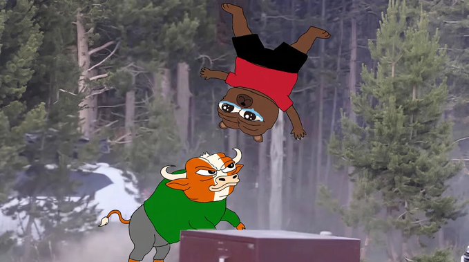 A cartoon-style image showing a small dog character in a red shirt and black shorts in mid-air, appearing to be flipped upside down above an angry orange bull character wearing a green shirt, set against a forest backdrop.