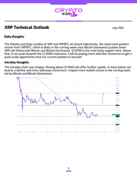 A 'Crypto Weekly' XRP Technical Outlook dated July 19th discussing intraday thoughts on XRP/USDT, noting a $1.0700 resistance level and potential bullish momentum above $1.