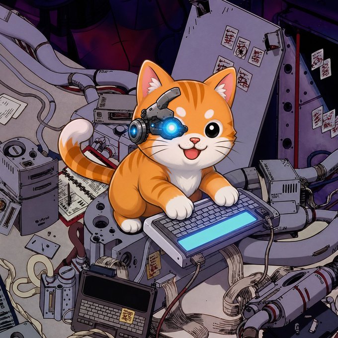 A digital illustration of an adorable orange and white tabby kitten equipped with a high-tech, glowing blue cybernetic eye piece, sitting amidst a cluttered mess of wires, electronic devices, and keyboards.