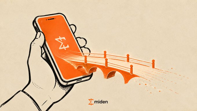 An illustration of a hand holding a smartphone with an orange screen displaying the Miden (z4) logo, with an artistic bridge design emerging from the phone, branded with the 'miden' logo below.