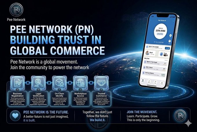 A promotional banner for Pee Network (PN) featuring a smartphone displaying the app's interface with a "PN" balance of 22*6.0084 and 23%2066 shown on screen, set against an Earth-from-space backdrop with key features like Business Registration, Legal Verification, On-Chain Identity, Marketplace Access, and Trusted Commerce listed below. The image visually reinforces the post's vision of building real utility and global participation in the Pee Network ecosystem from its early stages.