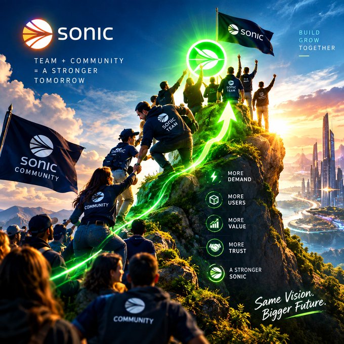 A promotional graphic for 'sonic' featuring the text 'TEAM + COMMUNITY = A STRONGER TOMORROW' and 'BUILD GROW TOGETHER', depicting people climbing a mountain with sonic flags and a glowing green upward path highlighting benefits like more demand, users, value, and trust.