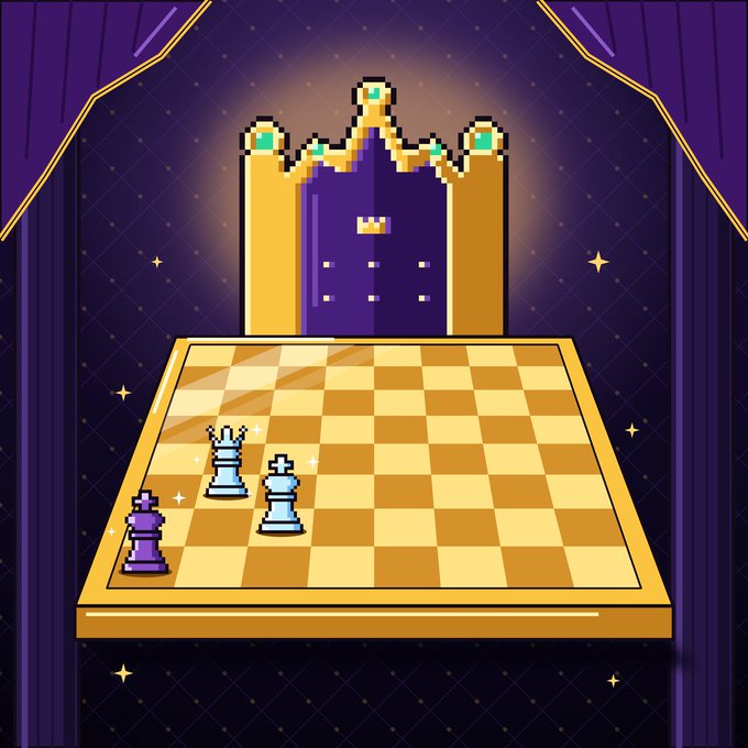 A pixel-art chess board featuring a purple pawn, white rook, and white king sits beneath a glowing golden crown against a starry purple curtain, illustrating a "stalemate" prize among 1,111 minted chess boards. The royal imagery visually reinforces the regal, exclusive drop of collectible chess NFTs.