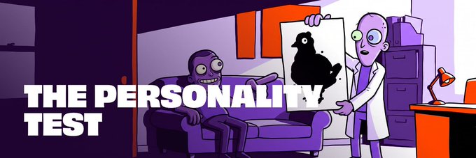 A purple-toned banner illustration titled 'THE PERSONALITY TEST' showing a bald man in a lab coat presenting a black inkblot (Rorschach-style) image to a smiling patient on a couch.