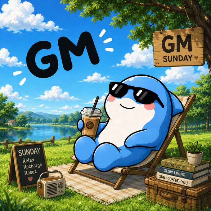 A cartoon blue character with sunglasses relaxing in a beach chair with an iced coffee, with 'GM' (Good Morning) and 'GM SUNDAY' signs, books, and a 'SUNDAY Relax Recharge Reset' chalkboard in a sunny outdoor setting.