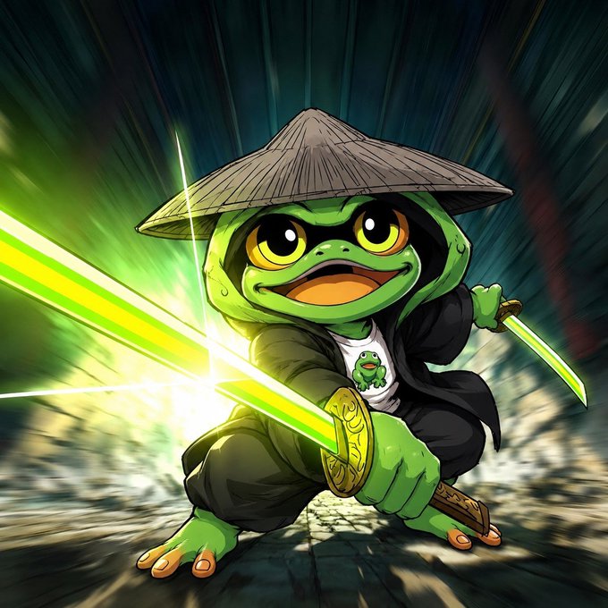 A stylized illustration of a cartoon frog dressed as a ninja warrior, wearing a conical straw hat and black robes, wielding two glowing green energy swords in a dynamic action pose.