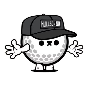 A cartoon mascot character designed as a golf ball wearing a black cap with the text "MULLSON KTB" and waving with both hands.