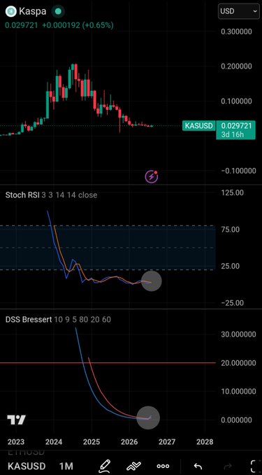 A TradingView chart of $KASUSD (Kaspa) on a monthly timeframe showing the price declining from a peak around $0.20 in 2024 to $0.029721 (+0.65%), with the Stoch RSI deep in oversold territory and the DSS Bressert indicator bottoming out near 0 around 2026-2027—visually supporting the bullish premise that Kaspa is at a major accumulation zone set for a reversal.