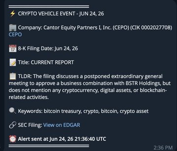 The image is an email notification about a Crypt vehicle event, which seems to be happening on the 26th of June at 2:36 pm. The email contains text boxes with details like company name, current date, filing status, and more. It also includes an alert message for June 24 at 8:56 am, suggesting that it is time to review the filing related to the Crypt vehicle event.