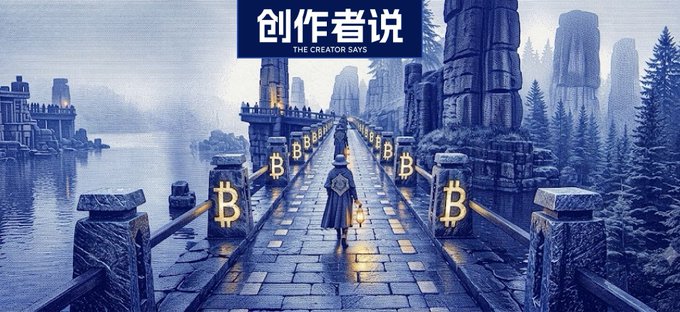 An artistic image titled '创作者说 THE CREATOR SAYS' showing a cloaked figure with a lantern walking across a stone bridge lined with Bitcoin symbols, set in a misty fantasy landscape.