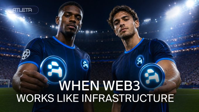 The image shows two soccer players holding up glowing digital coins with the "ATLETA" logo, suggesting that ATLETA is building Web3 infrastructure for sports. The text "WHEN WEB3 WORKS LIKE INFRASTRUCTURE" reinforces the idea that the platform aims to offer seamless data access and services for the sports industry entering the Web3 space.