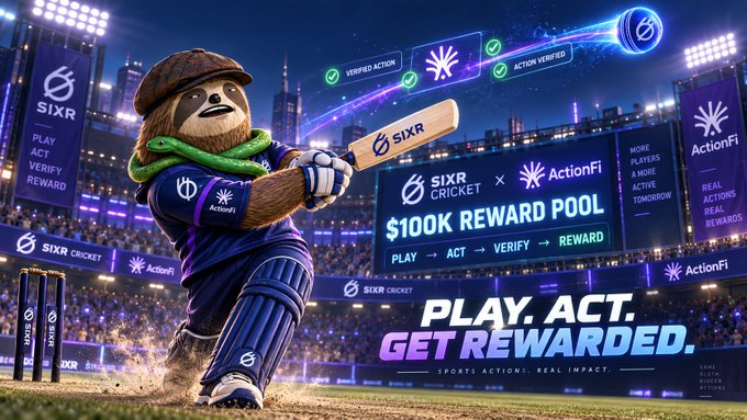 A promotional banner for SIXR Cricket x ActionFi featuring a bear mascot in cricket gear holding a bat, advertising a '$100K REWARD POOL' with the tagline 'PLAY. ACT. GET REWARDED.'