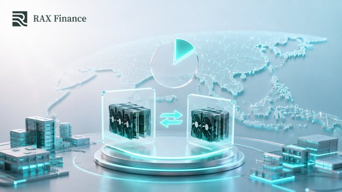 A promotional graphic for RAX Finance showing two glass cubes with hardware components and an exchange arrow symbol against a world map background.