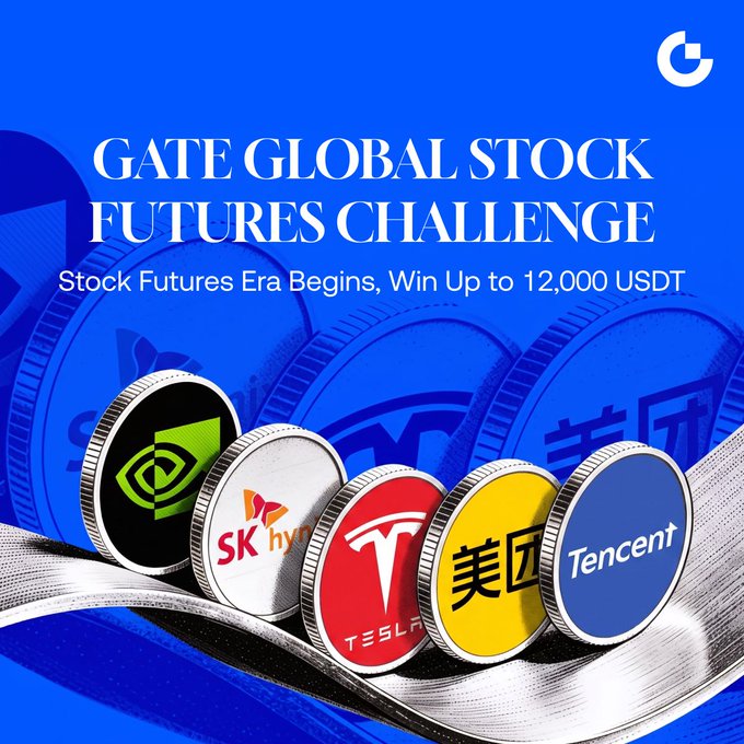 A promotional graphic for Gate.io's "Gate Global Stock Futures Challenge" with the tagline "Stock Futures Era Begins, Win Up to 12,000 USDT," featuring coins branded with NVIDIA, SK Hynix, Tesla, Meituan, and Tencent logos, directly illustrating the contest's featured stock futures offerings.