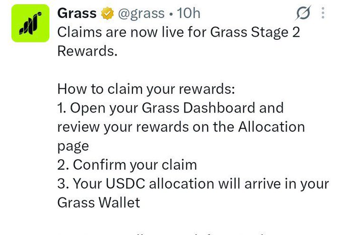 A post from Grass (@grass) announcing: 'Claims are now live for Grass Stage 2 Rewards' with instructions to open the Grass Dashboard, confirm claim, and receive USDC in the Grass Wallet.