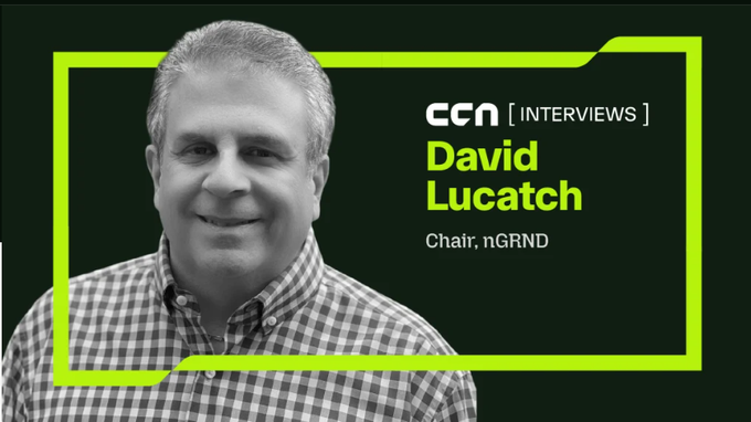 A thumbnail for a 'CCN INTERVIEWS' segment featuring a black-and-white headshot of David Lucatch, identified as 'Chair, nGRND', set against a dark background with a neon green border.