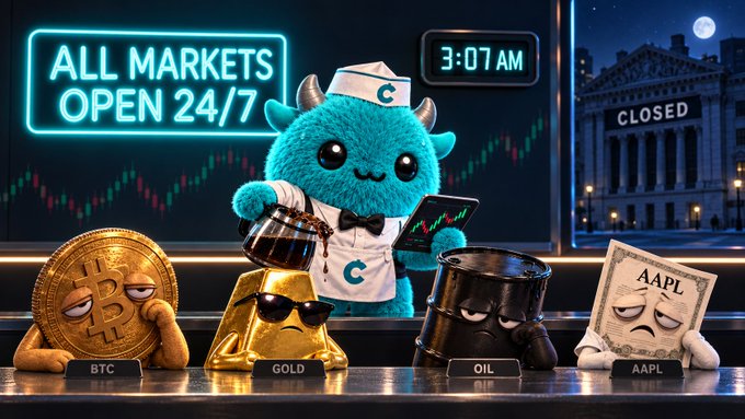 A cartoonish blue creature wearing a sailor hat and bowtie holds a coffee pot and tablet, surrounded by personified crypto and financial assets (BTC, GOLD, OIL, AAPL) with a neon 'ALL MARKETS OPEN 24/7' sign and a stock exchange building marked 'CLOSED' in the background.