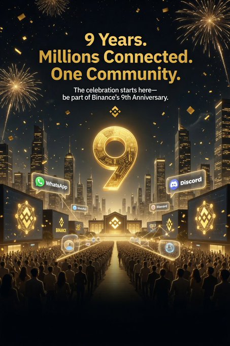 The image is a celebratory Binance 9th Anniversary graphic featuring a glowing golden "9," fireworks over a city skyline, and large crowds with floating icons for WhatsApp, Discord, and other platforms, alongside the text "9 Years. Millions Connected. One Community."

The image ties to the post by visually representing the idea of crypto no longer being a solo journey—the anniversary banner, diverse crowds, and chat platform icons emphasize that crypto has become a shared experience supported by thriving global communities.
