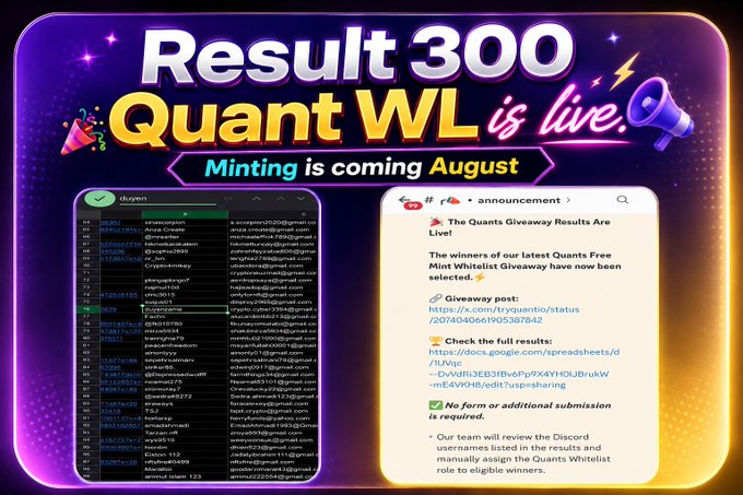 A promotional graphic announcing 'Result 300 Quant WL is live' with 'Minting is coming August,' showing a spreadsheet of buyers alongside a Reddit announcement from r/Quant_network titled 'The Quants Giveaway Results Are Live.'