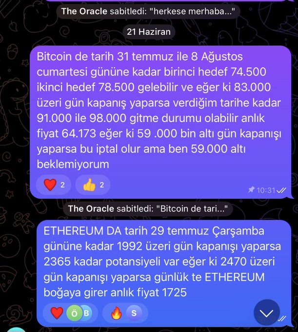 A Telegram message in Turkish from "The Oracle" dated 21 Haziran discussing Bitcoin price targets of $74,500 and $78,500 by August 8th, with potential to reach $91,000-$98,000, and Ethereum targets of $2,365 and beyond.