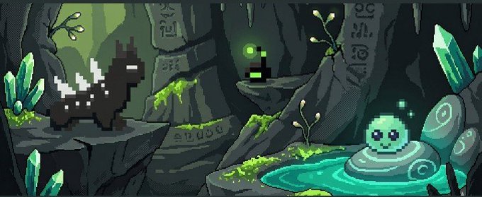 A pixel art scene of a dark cave featuring a black creature with white markings, a glowing green skull on a stone pedestal near a glowing blue pool, and turquoise crystals on the walls.