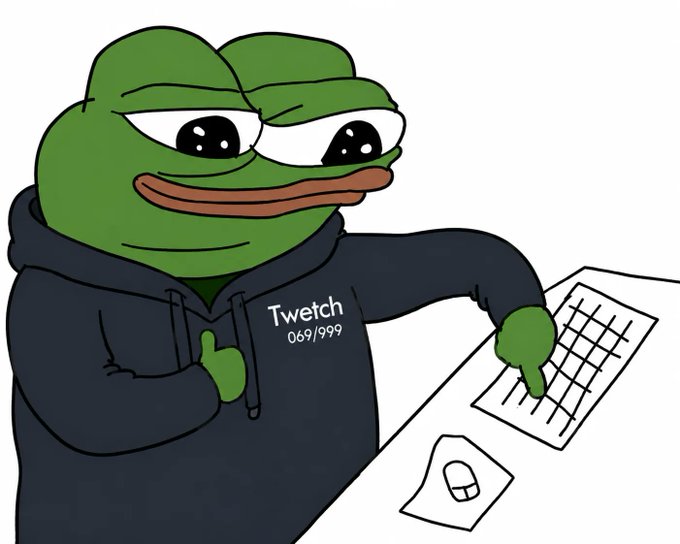 A cartoon Pepe the Frog character wearing a dark hoodie labeled 'Twitch 069/999' giving a thumbs-up while pointing at a grid chart and a computer mouse on a white surface.